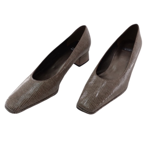 Stuart Weitzman Tan Reptile Print Leather Pumps Heels Square Toe Sz 7.5 - Picture 1 of 16